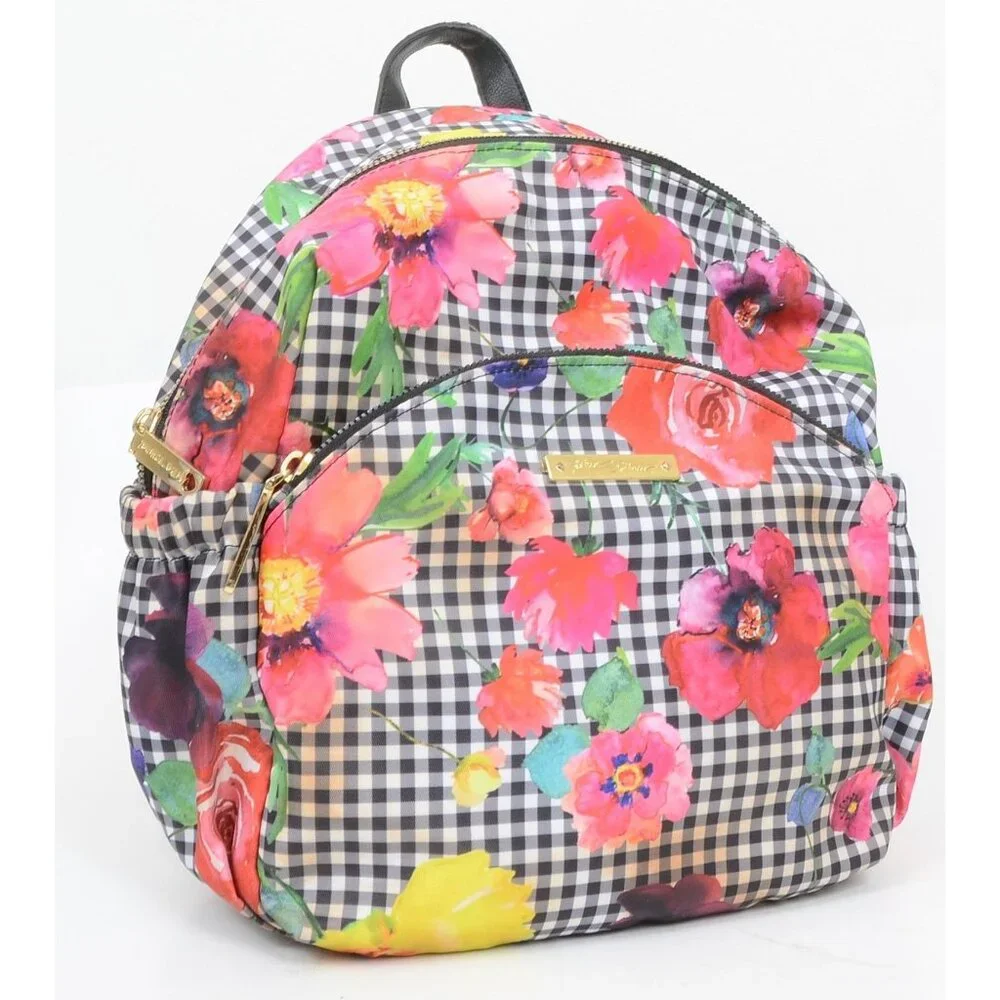 Betsey Johnson Black/White‎ Gingham w/Colorful Florals Multi Pocket Backpack
